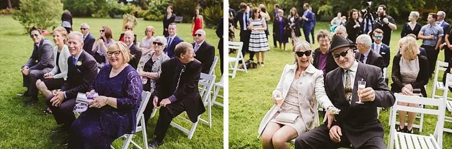 Two photographs of wedding guests seated in white chairs on a lawn.