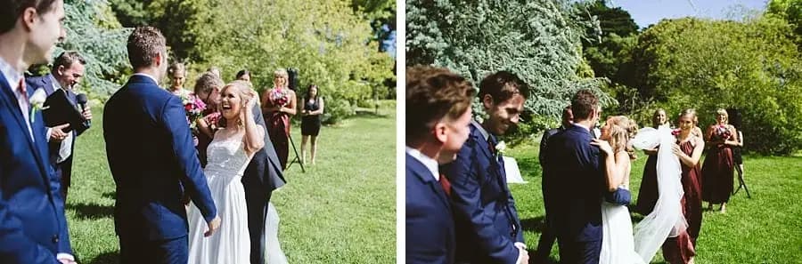 Two photographs of the bride joining the groom at the outdoor ceremony.