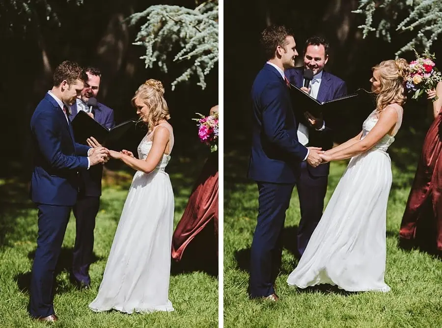 Two photographs of the couple holding hands and exchanging rings outdoors.