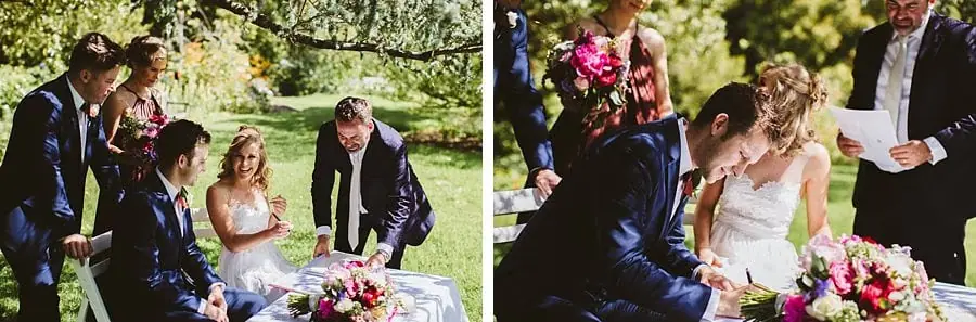 Two photographs of the couple signing paperwork at a flower-decorated table.