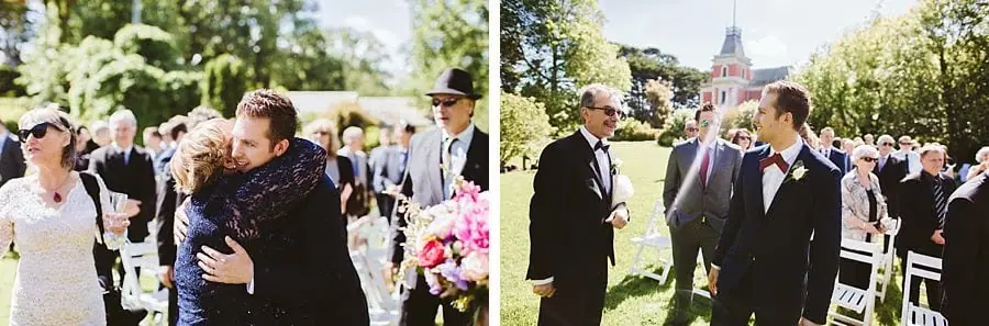 Two photographs of the groom greeting guests among white ceremony chairs.