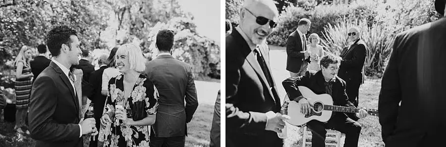 Two black-and-white photographs of guests chatting, including a man holding a small guitar.