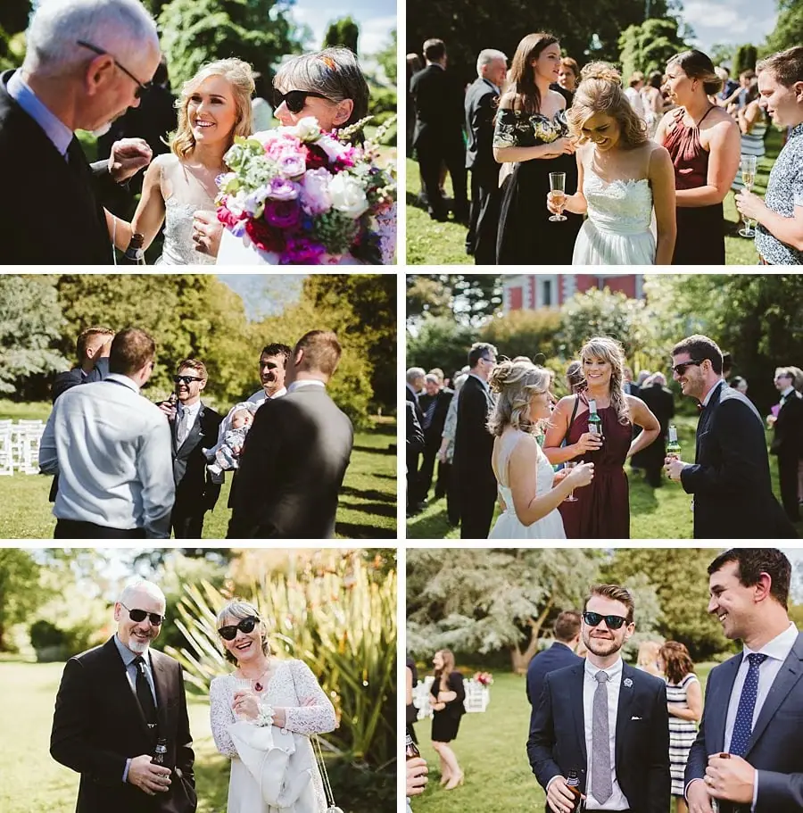Six-photo collage of wedding guests chatting with drinks outdoors.