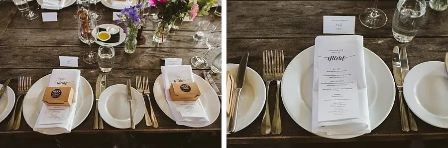 Two photographs of reception place settings and a printed menu.