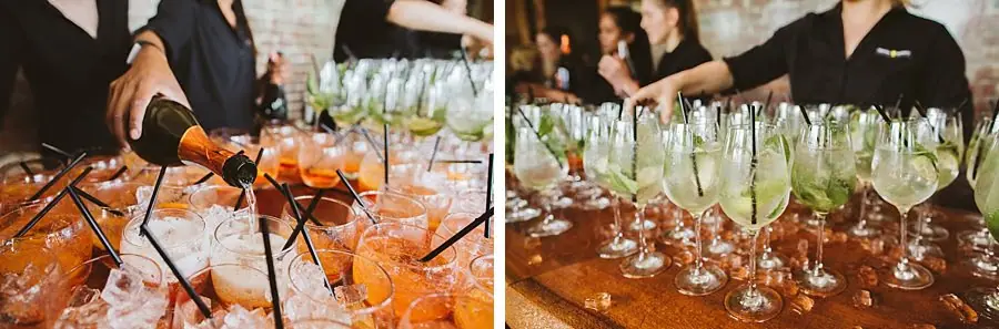 Two photographs of colorful drinks being poured into rows of glasses.