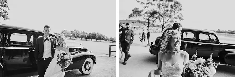 Two black-and-white photographs of the couple beside a vintage black car.
