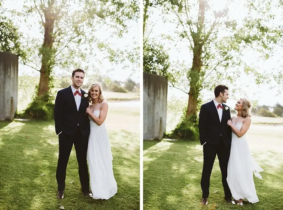 Two photographs of the couple standing together beside a tree.