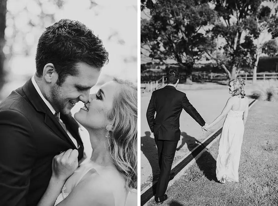 Two black-and-white photographs of the couple kissing and walking hand in hand.