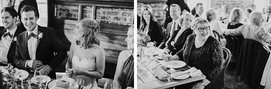 Two black-and-white photographs of guests seated around reception tables.