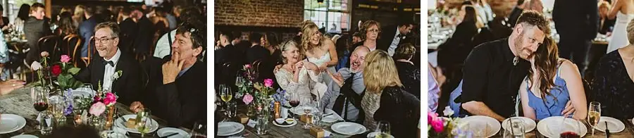 Three-photo collage of guests smiling at reception tables.
