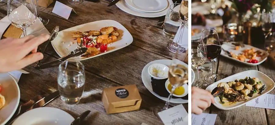 Three-photo collage of plated reception dishes on a wooden table.