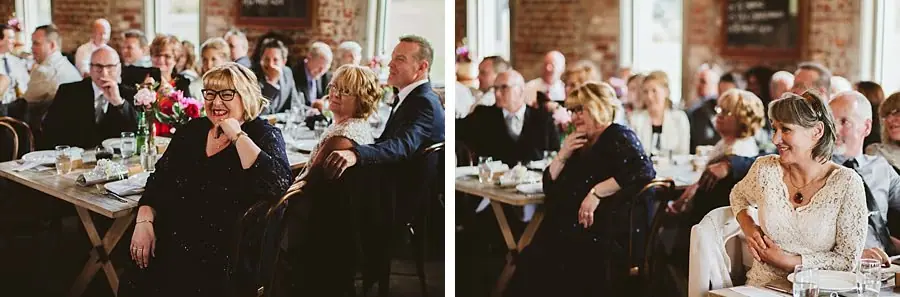 Two photographs of guests seated at decorated reception tables.