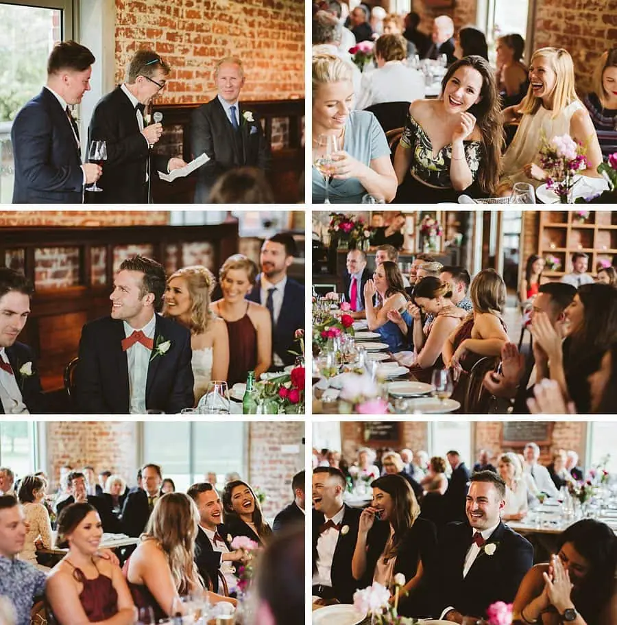 Six-photo collage of reception speakers and laughing guests.