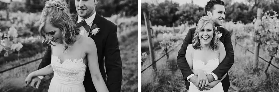 Two black-and-white photographs of the couple embracing among vines.