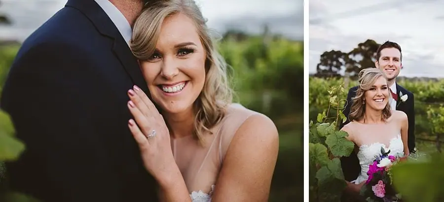 Two photographs of the bride smiling against the groom's jacket and the couple among vines.