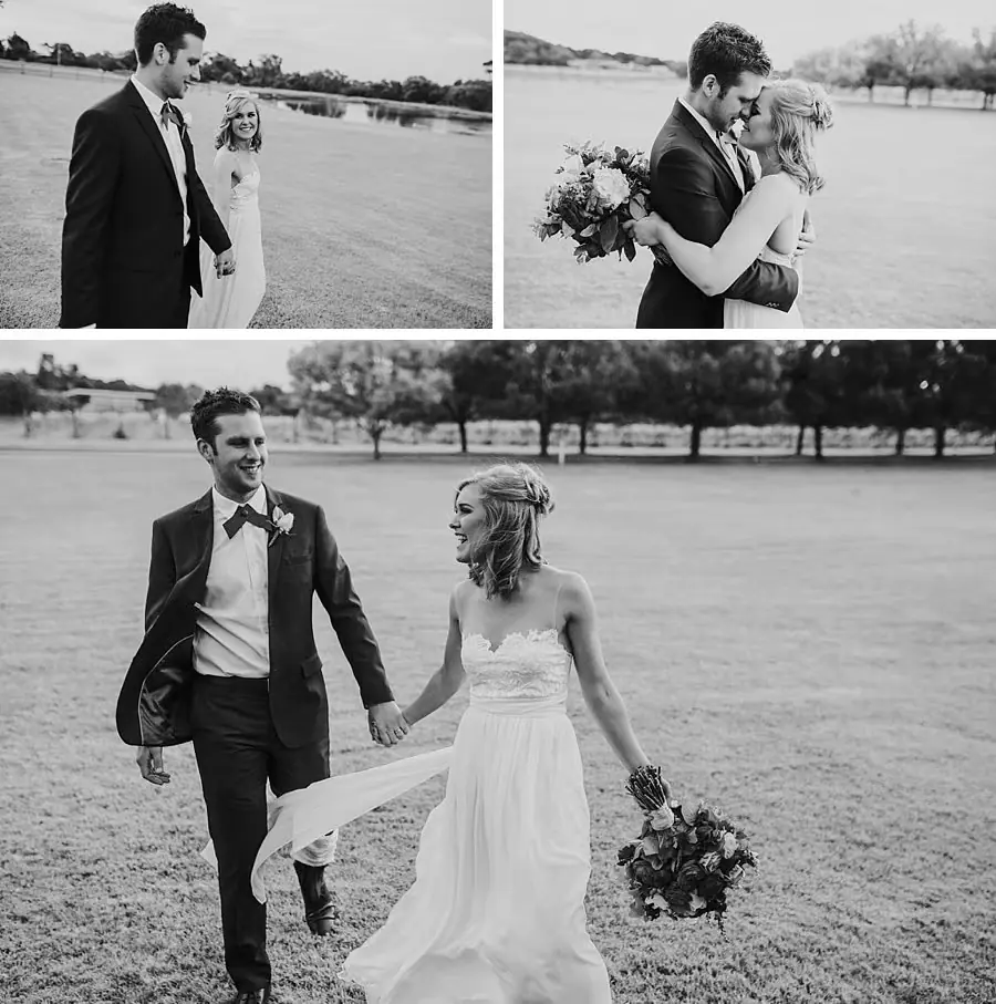 Three black-and-white photographs of the couple embracing and walking across a field.