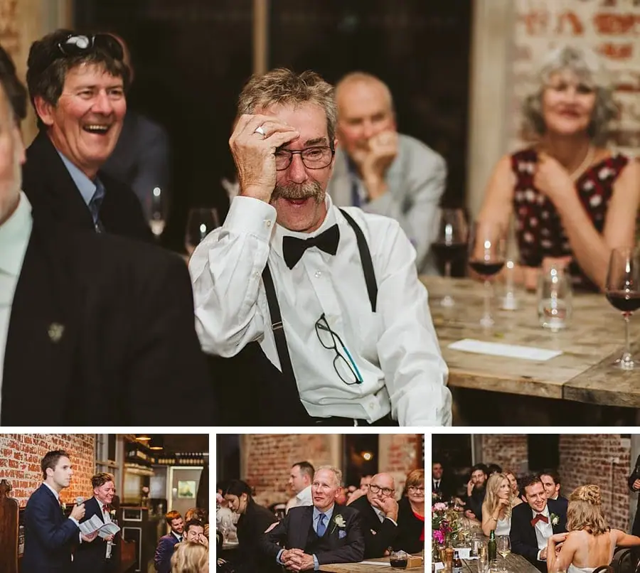 Four-photo collage of laughing reception guests and speakers.