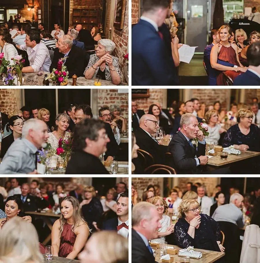 Six-photo collage of guests laughing and listening to reception speeches.
