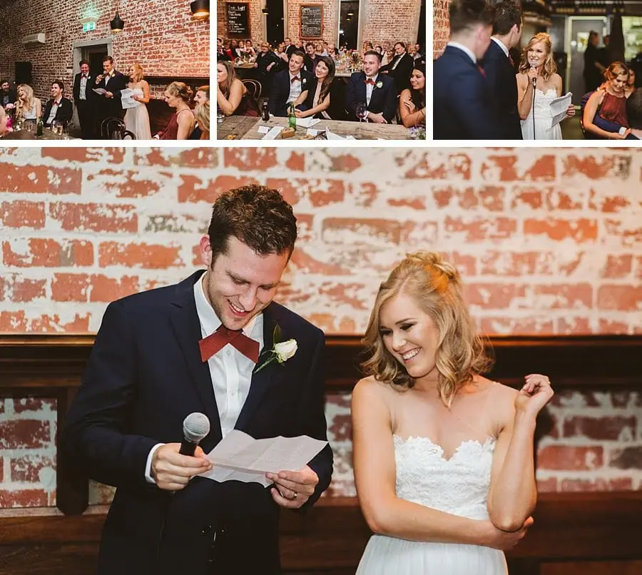 Four-photo collage of the couple giving speeches and guests watching.