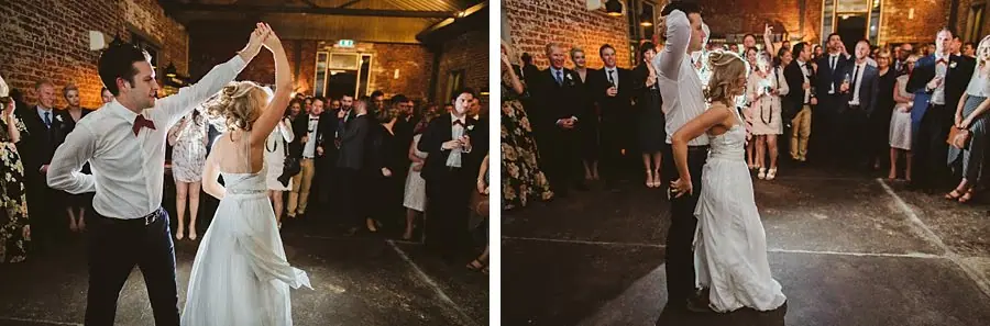 Two photographs of the groom turning and dipping the bride on the dance floor.