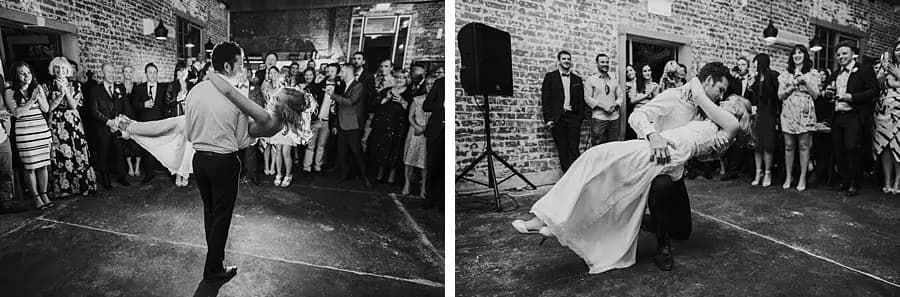 Two black-and-white photographs of the couple turning and dipping on the dance floor.