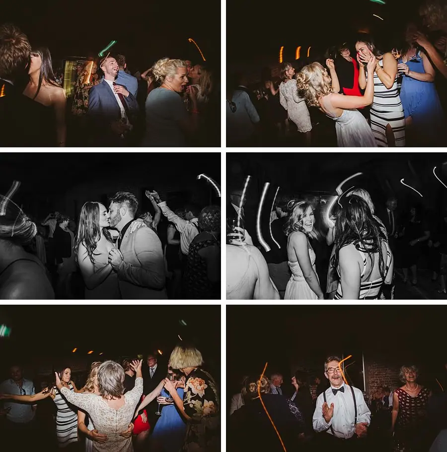 Six-photo collage of guests dancing beneath colorful reception lights.