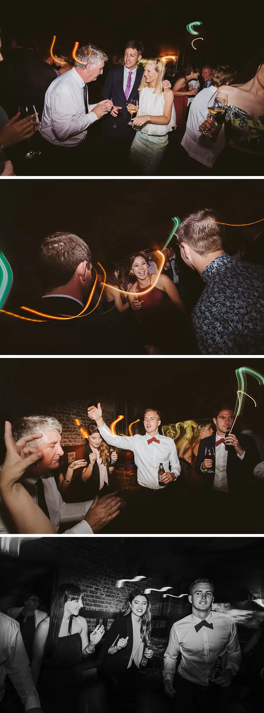Four-photo collage of guests dancing and raising their arms.