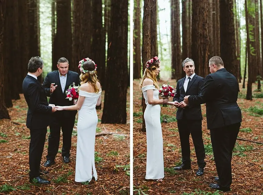 Two photographs of a bride and groom standing with their celebrant among the redwoods.
