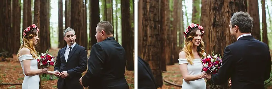 Two photographs of the bride and groom speaking with the celebrant during their forest ceremony.