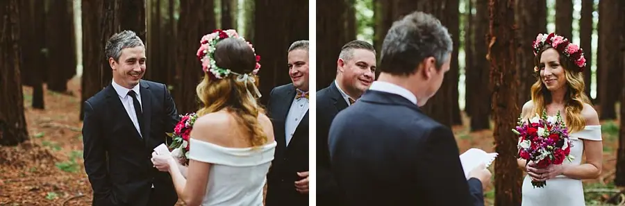 Two photographs of a groom smiling at the bride as the celebrant conducts their ceremony.