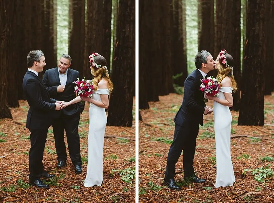 Two photographs of the couple holding hands and kissing beside their celebrant among redwoods.