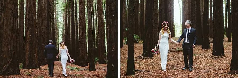 Two portraits of a newly married couple walking hand in hand among tall redwood trunks.