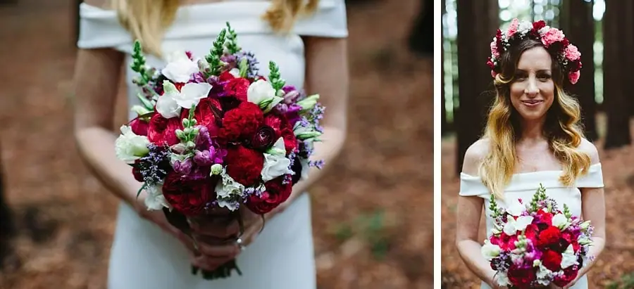 Two photographs of a red and white bridal bouquet and the bride wearing a floral crown.