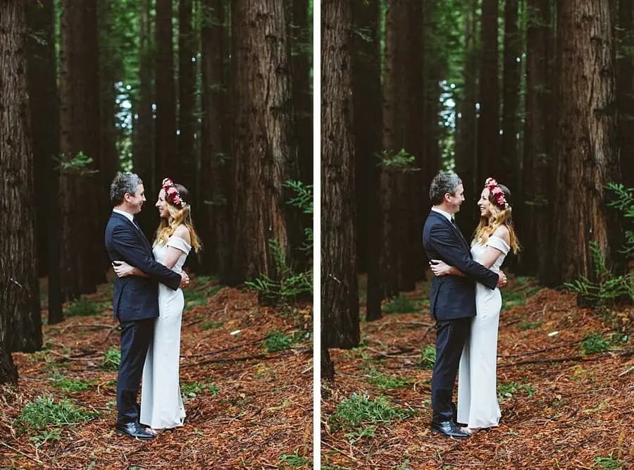 Two portraits of the groom embracing the bride around her waist in the forest.