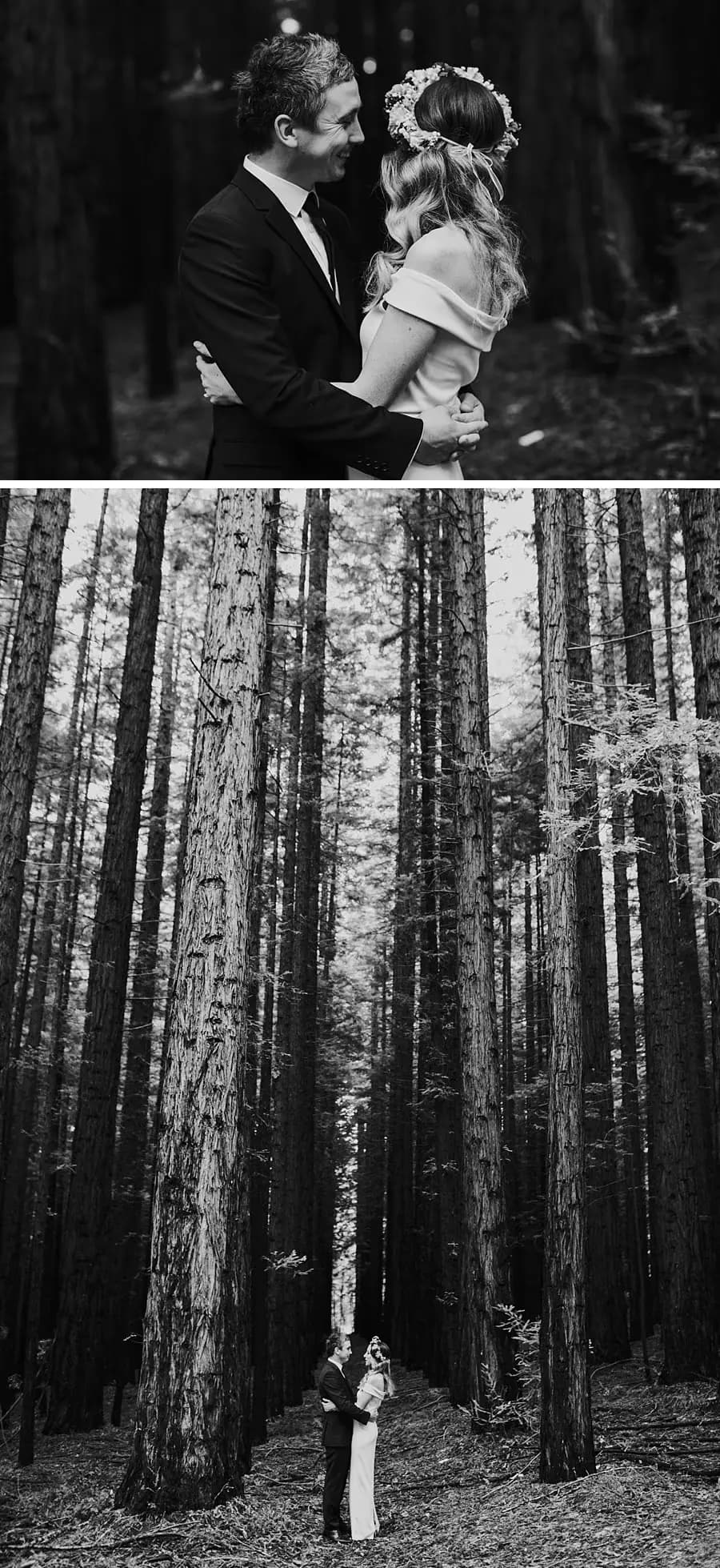 Two black-and-white portraits of a couple embracing and standing beneath tall forest trees.