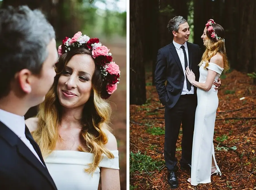 Two portraits of a bride looking at the groom as they stand together among the redwoods.