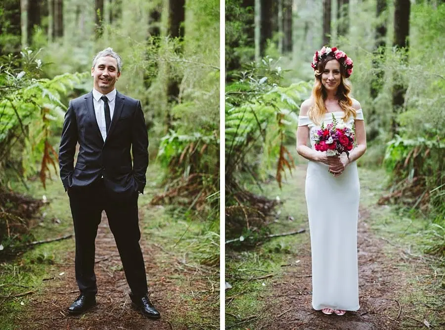 Paired full-length portraits of the groom and bride standing separately among green ferns.