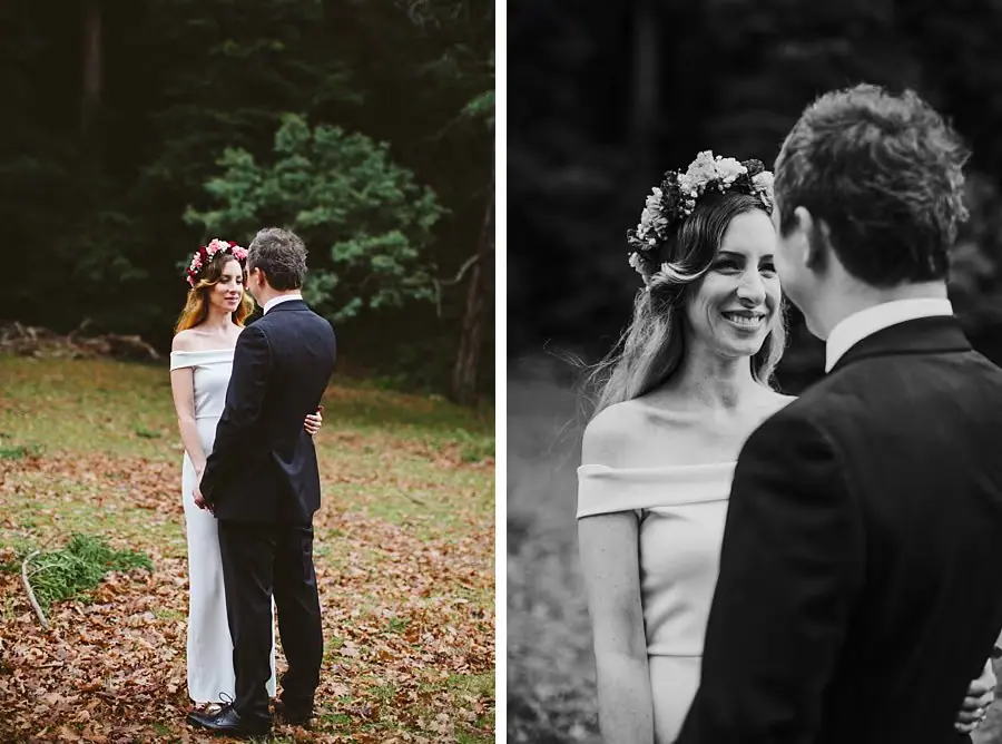 Two portraits of a couple embracing at the forest edge, one in colour and one in black and white.