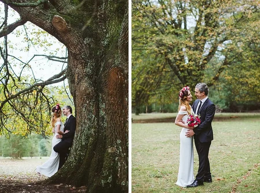 Two portraits of a couple embracing beside a broad tree and together on a lawn.