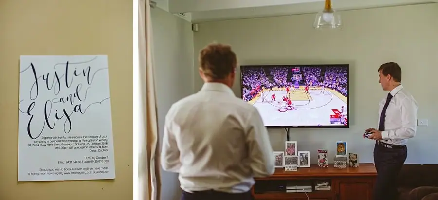 Two photographs of a wedding invitation and men watching basketball on television.
