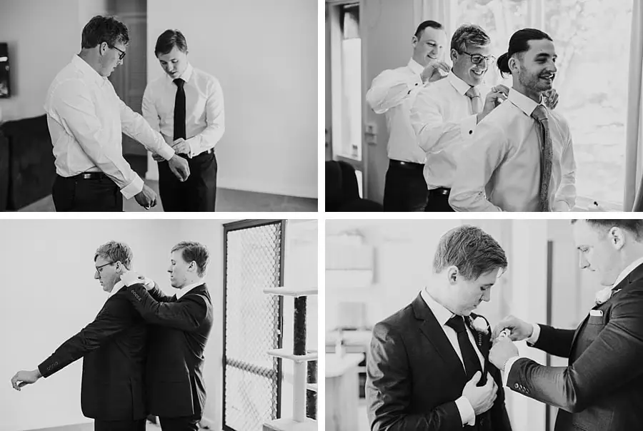 Four black-and-white photographs of men helping each other dress in shirts, ties and suit jackets.