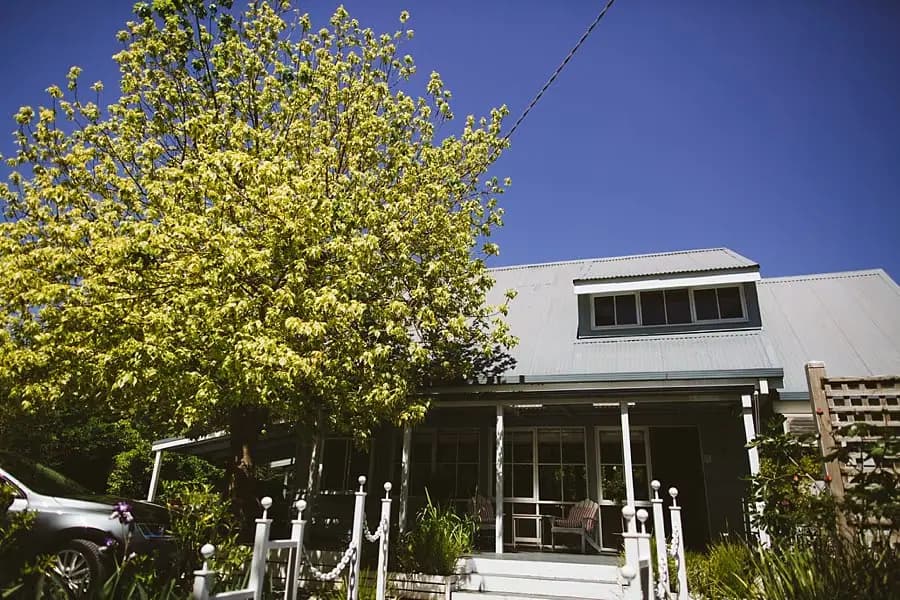 Sunlit house entrance framed by trees beneath a clear blue sky.