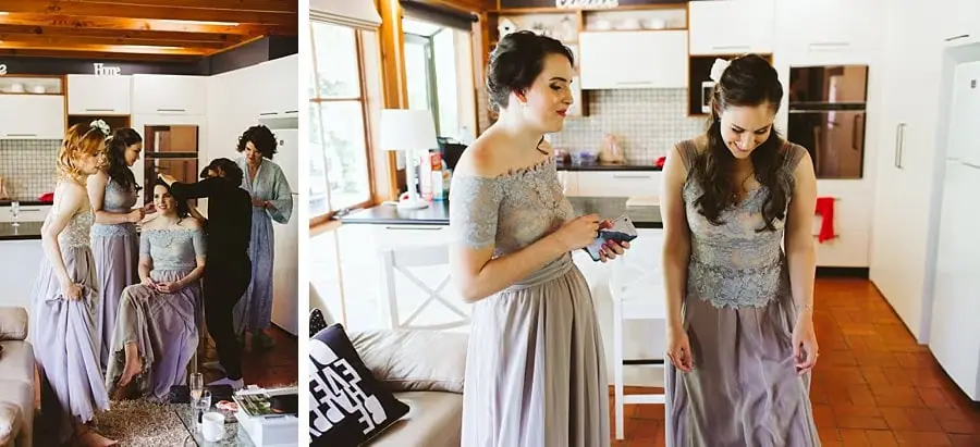 Two photographs of women in pale dresses chatting and checking their phones in a kitchen.
