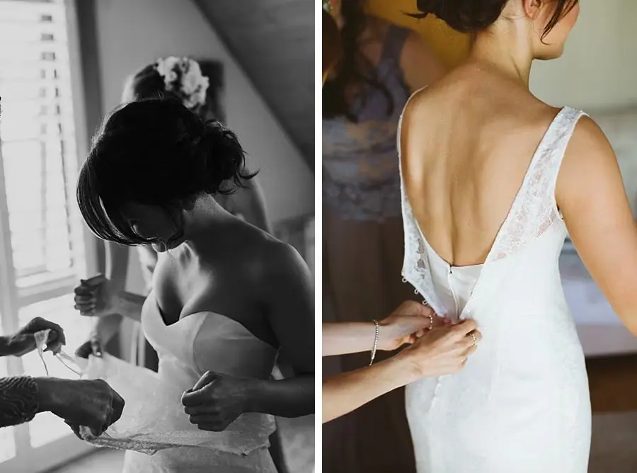 Two photographs of the bride being helped into her wedding dress.