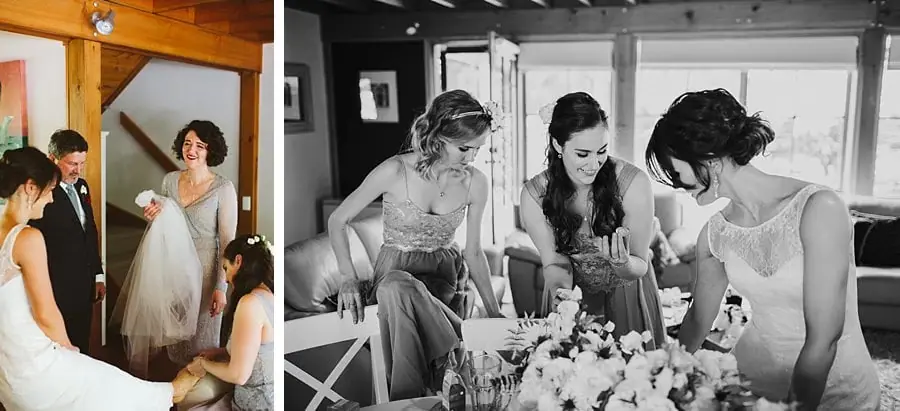 Two photographs of women chatting and looking at a phone while preparing for the wedding.