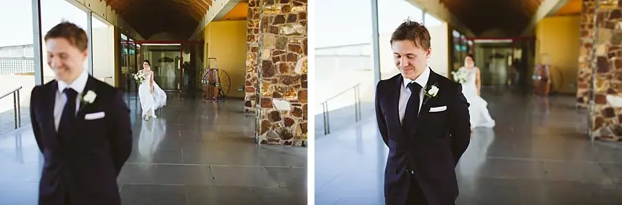 Two photographs of the groom waiting as the bride approaches along a covered walkway.