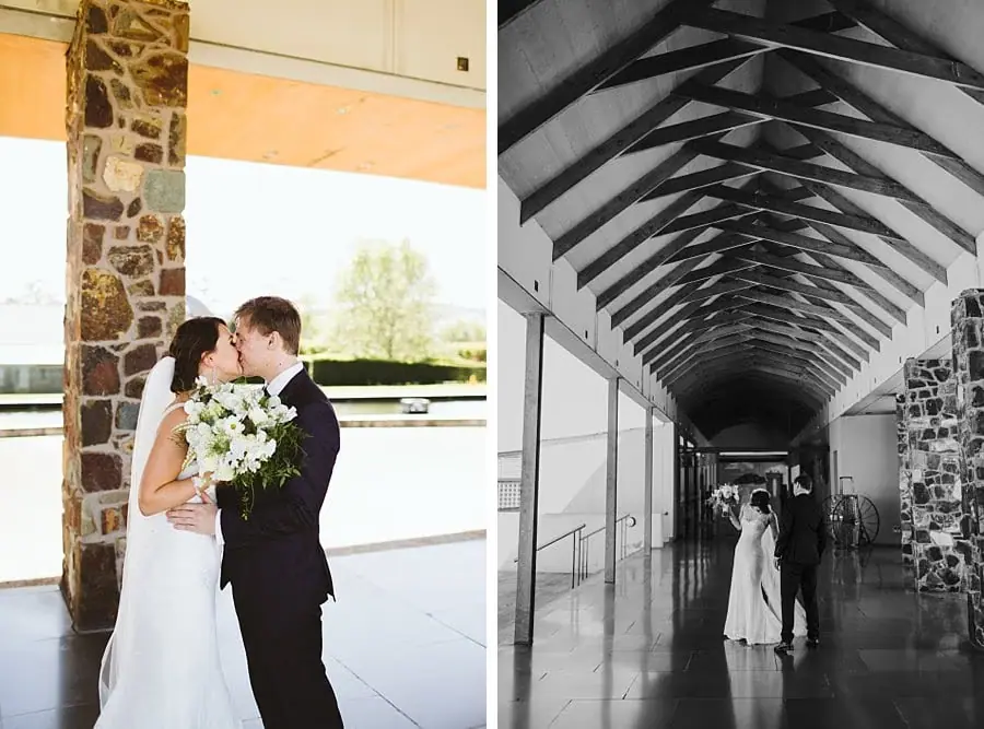 Two photographs of the couple kissing beside a stone pillar and standing beneath the walkway roof.