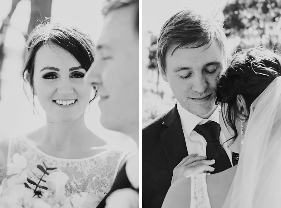 Two black-and-white close portraits of the smiling bride and the groom beside her.