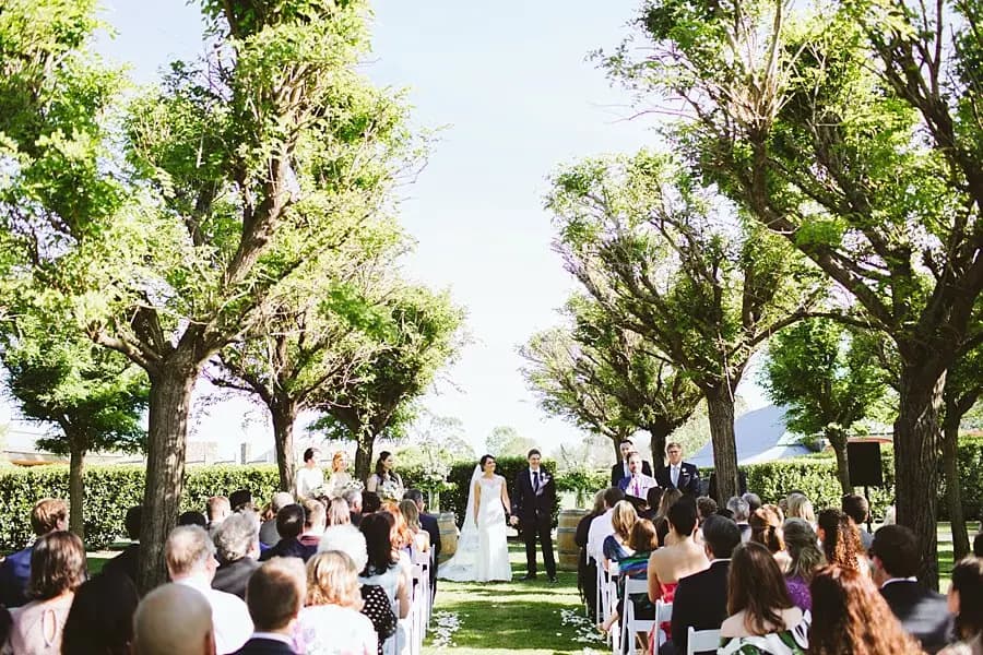 Wide view down the ceremony aisle toward the couple beneath leafy trees.