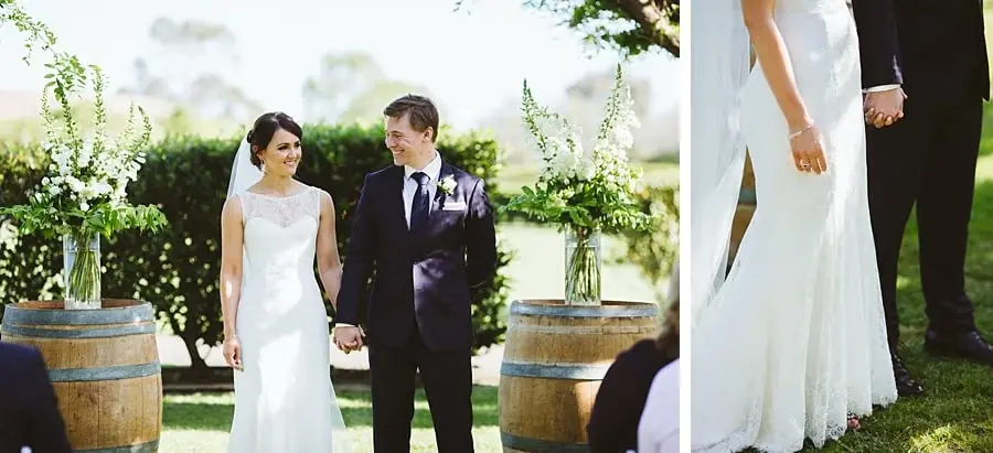 Two photographs of the bride and groom standing together during the ceremony, including a close-up of their joined hands.